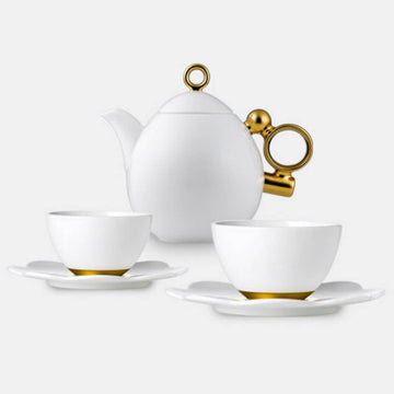 [Prouna] Geometrica Gold Rim 2Tea Cups &2 Saucers w/  Small Teapot