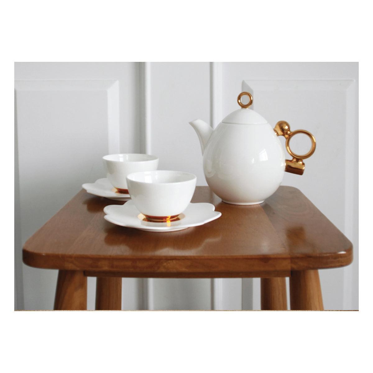 [Prouna] Geometrica Gold Rim 2Tea Cups &2 Saucers w/  Small Teapot - HANKOOK