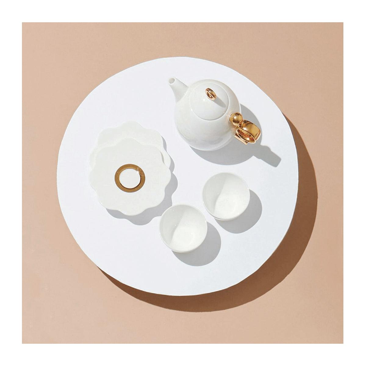 [Prouna] Geometrica Gold Rim 2Tea Cups &2 Saucers w/  Small Teapot - HANKOOK