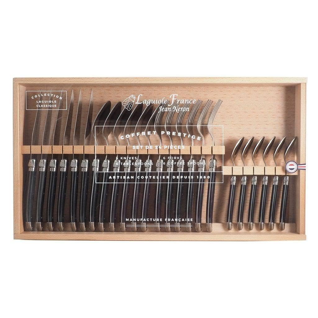 Laguiole Jean Neron] 24-Piece Flatware in Wooden Box, BLACK