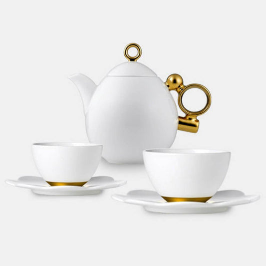 [Prouna] Geometrica Gold Rim 2Tea Cups &2 Saucers w/  Small Teapot - HANKOOK